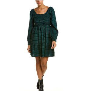 LUCKY BRAND Pacific Plaid Smocked Tiered Mini Dress Sz L Green Black Rayon Blend